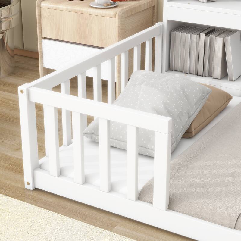 Twin Floor Bed with Bedside Bookcase, Shelves, and Guardrails in White
