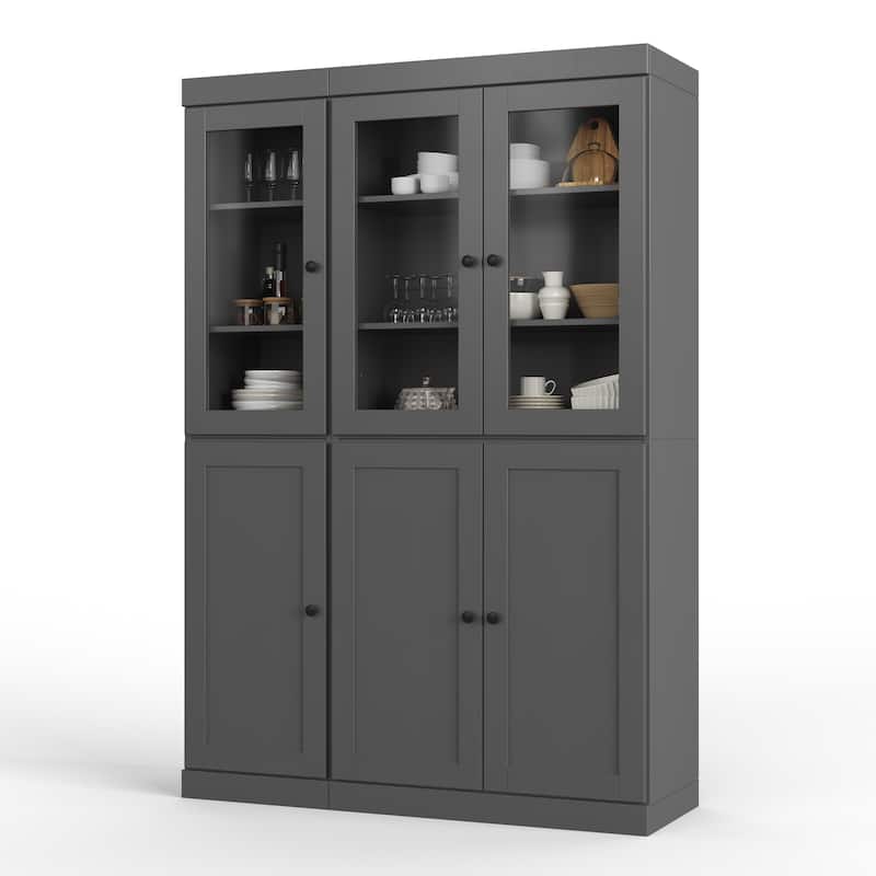 Palace Imports 100% Solid Wood 48.5" Pantry Cabinet with Clear Glass, Shaker Doors and Adjustable Shelves - Gray