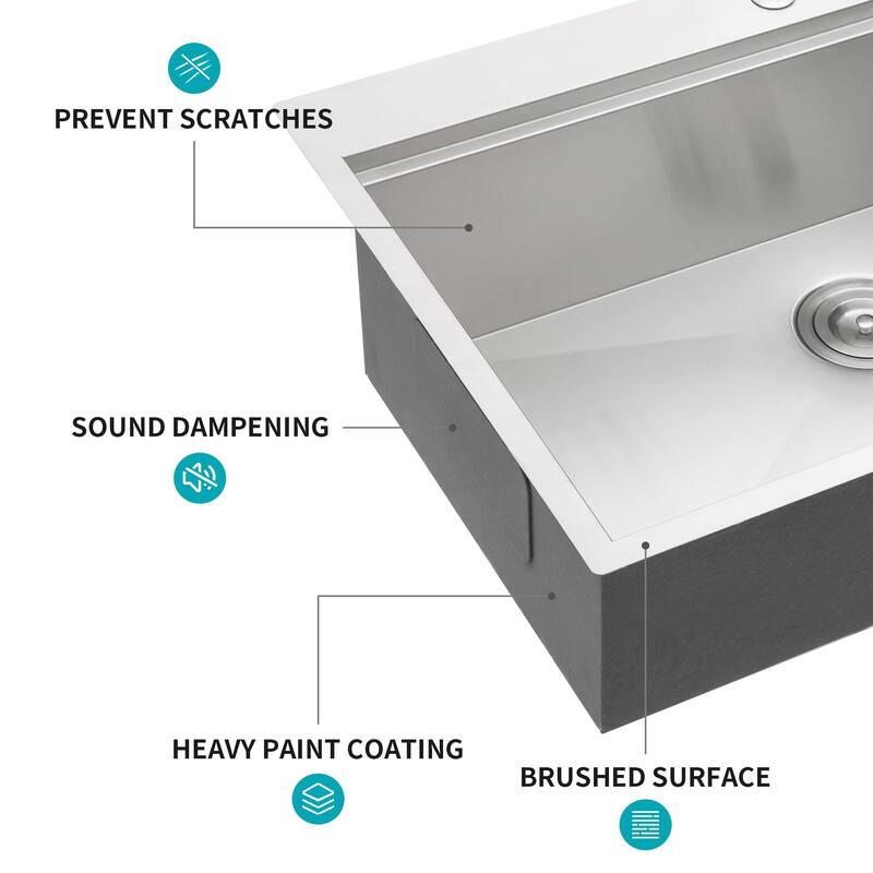 30'' Drop-In 16 Gauge Single Bowl Stainless Steel Kitchen Sink in Brushed Nickel - 30'' x 22'' x 9''