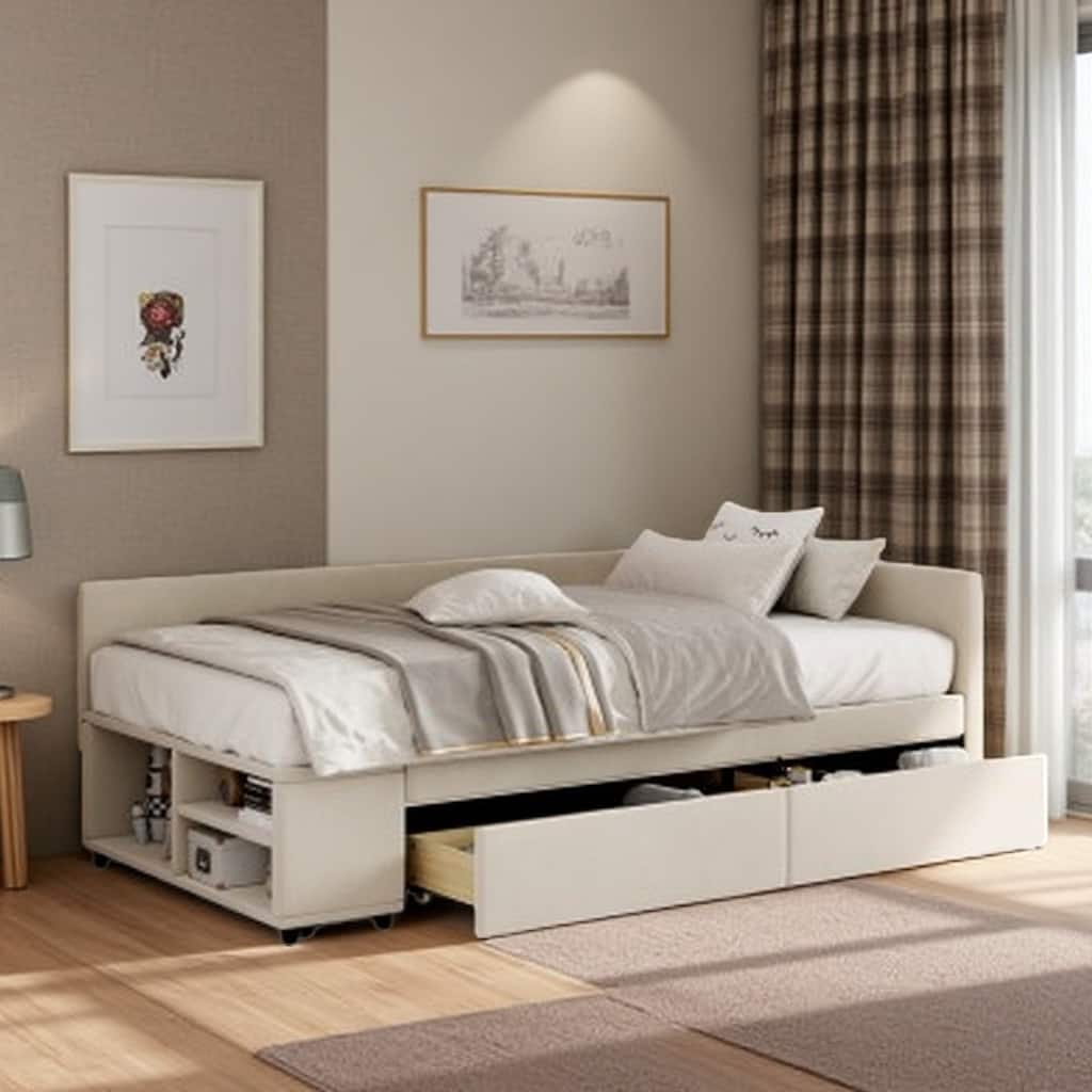 Twin L-Shaped Velvet Upholstered Platform Bed with Storage Cabinet and Drawers, Space-Saving Design
