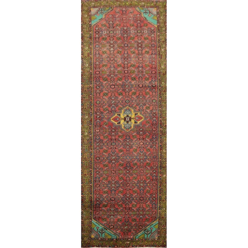 Hand Knotted Oriental 100% Wool Carpet Traditional Geometric Oranges & Rust Hamedan Runner Rug - 12' 9'' X 3' 4''
