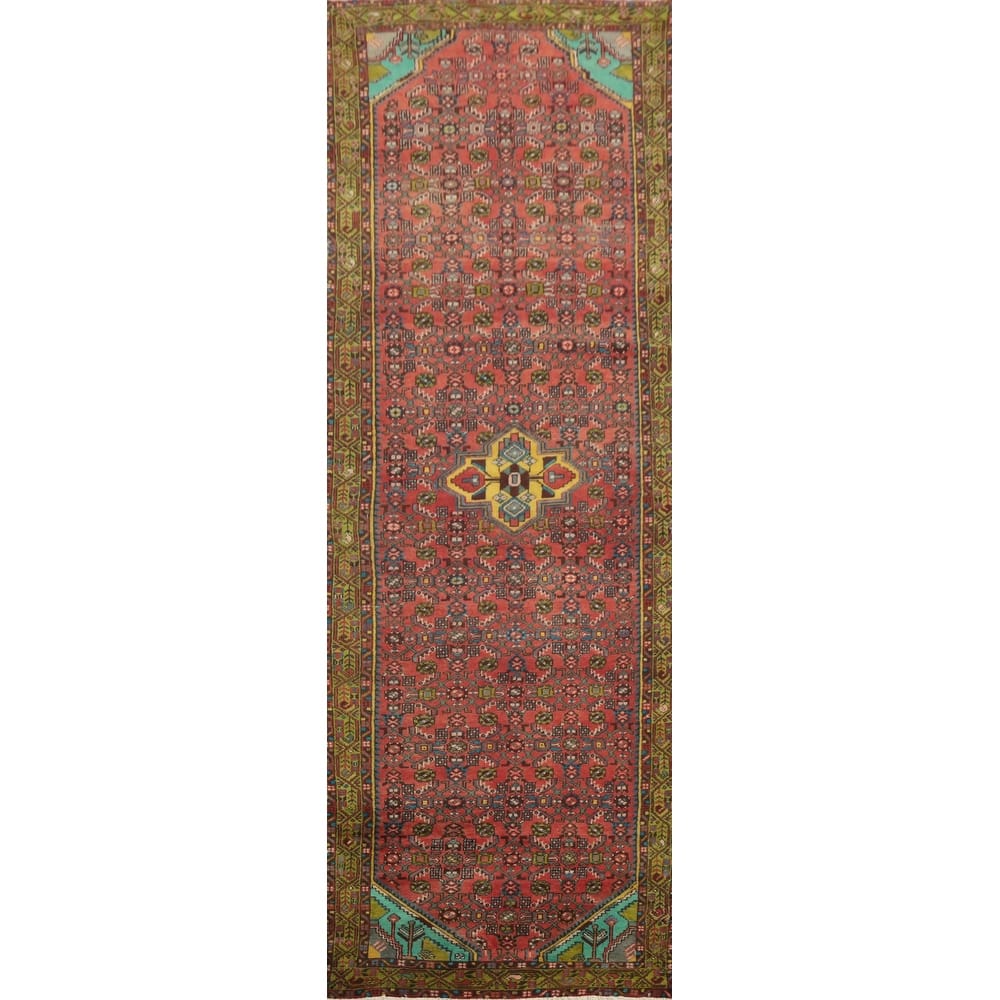 Hand Knotted Oriental 100% Wool Carpet Traditional Geometric Oranges & Rust Hamedan Runner Rug - 12' 9'' X 3' 4''