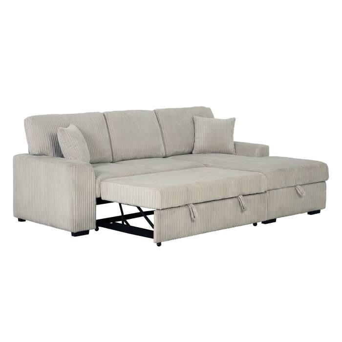 Corduroy Fabric Pull Out Sectional Sofa Bed with Storage Chaise and Pillows
