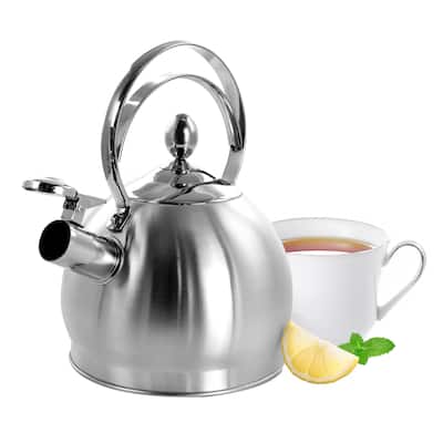 3 Quart Round Brushed Silver Stovetop Whistling Kettle Ergonomic Handle in Silver