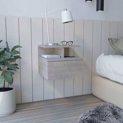 White Floating Nightstand, Wall-Mounted End Table with Storage Drawer & Open Shelf