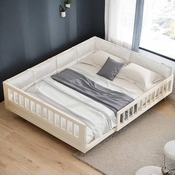 slide 2 of 9, 77"W Full Size Upholstered Floor Bed, Safety Platform Bed with Guardrail and Pillow