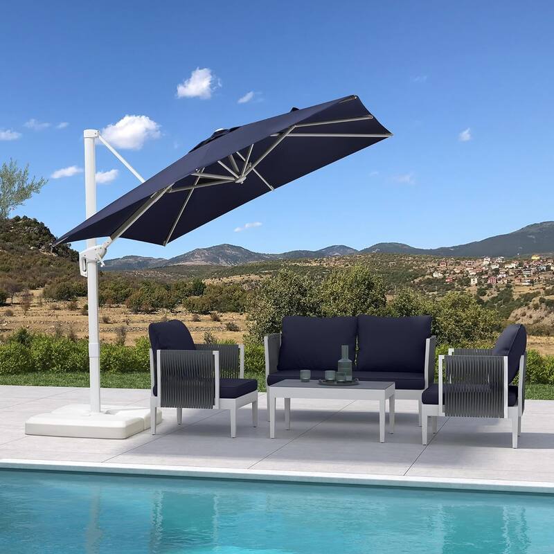PURPLE LEAF 8 ft White Cantilever Patio Umbrella with 360 Degree Rotation - Navy Blue