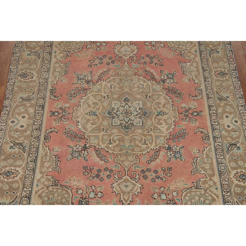 Pink Floral Tabriz Persian Area Rug Hand-Knotted Wool Carpet - 6'5"x 9'11"