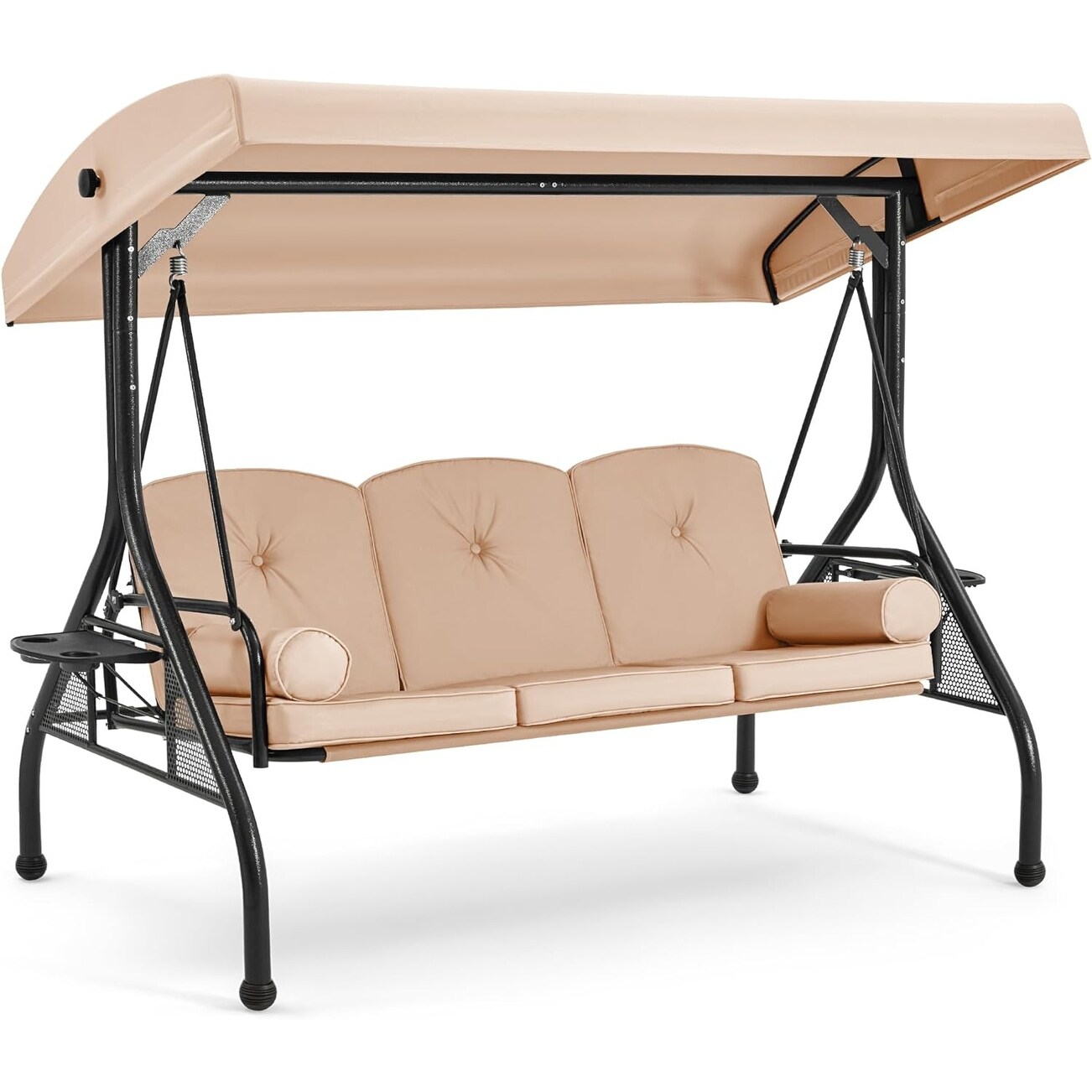 3 Seat Outdoor Porch Swing with Adjustable Canopy Cup Holder Convertible Patio Glider with Thick Cushions Pillow