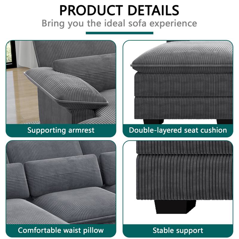 111.8" U-Shaped Cloud Sectional, 4-Seater Corduroy Upholstered Sectional with Recliner and Cushions