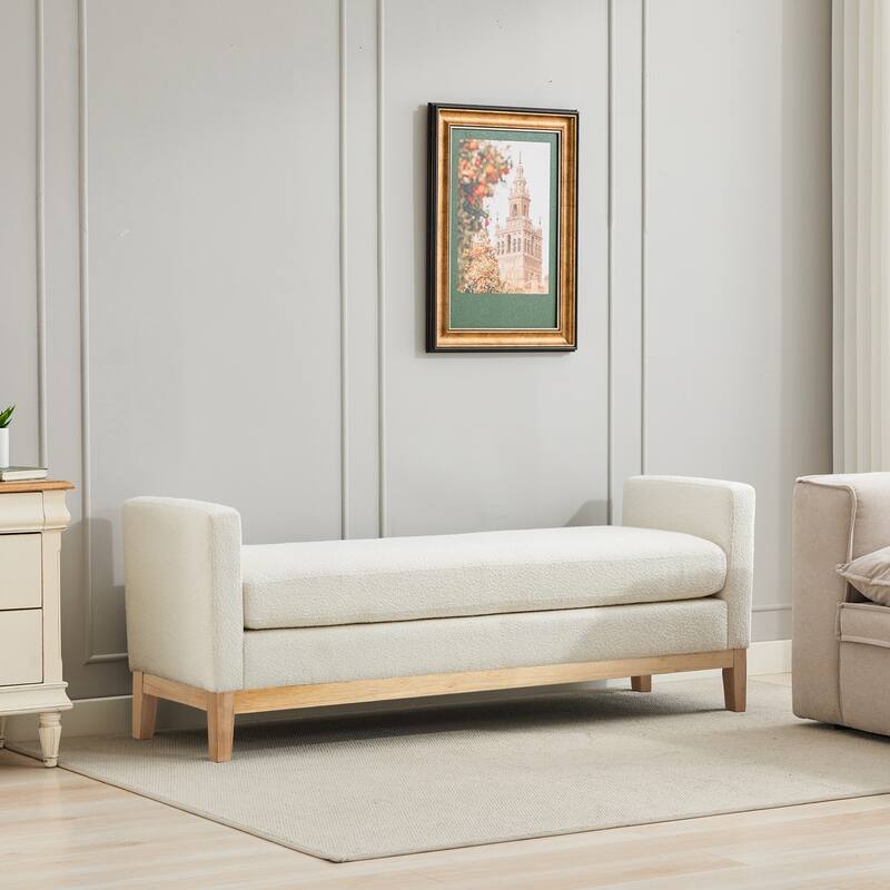 66 Inch End of Bed Bench, Upholstered Ottoman Bench with Wood Legs, Elegant Ottoman with Bolster Pillows for Bedroom