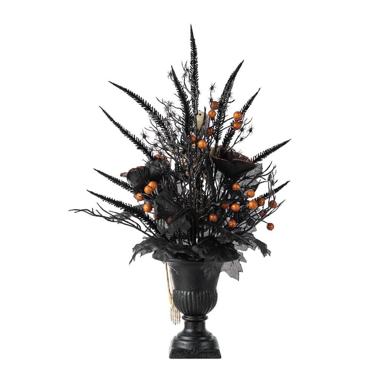 Glitzhome 22"H Halloween Black Rose Skeleton and Berry Urn Potted Table Tree