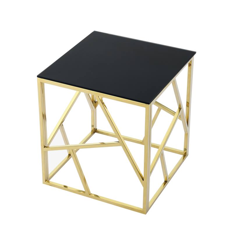 20 Inch Modern Glass Corner End Table with Geometric Metal Frame, Accent Table Nightstand Furniture - Black