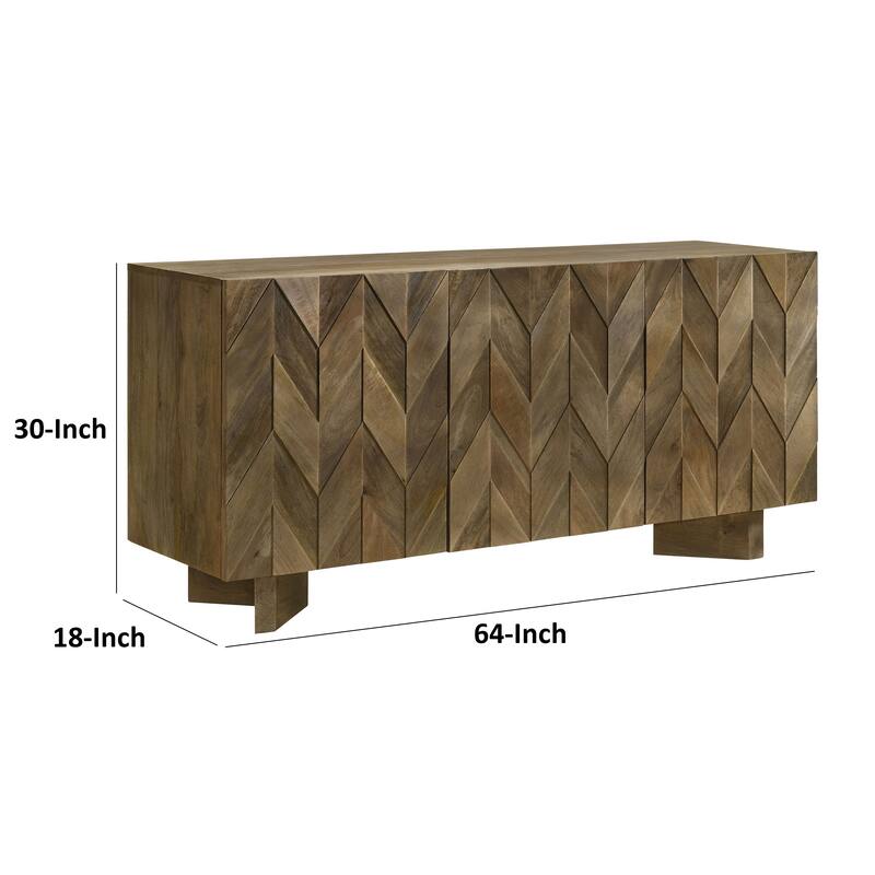 64 Inch Dining Sideboard Server, 2 Cabinets, Chevron Pattern, Mango Brown