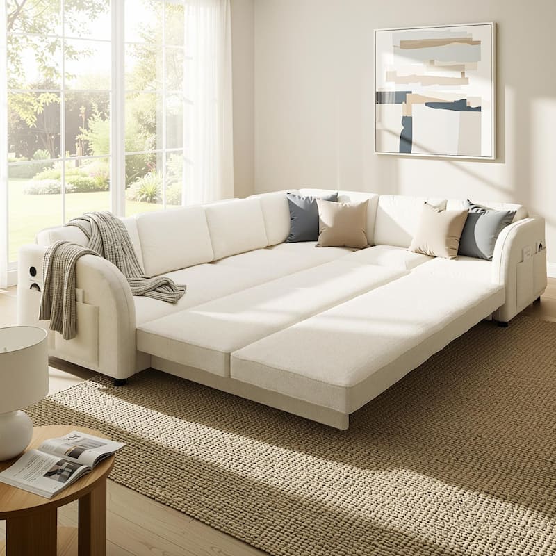 Homy Casa 85"/115" L-Shaped Sectional Sofa Bed USB & Side Pocket, Teddy Fabric Pull-Out Sleeper, Reversible Chaise, Multi Colors
