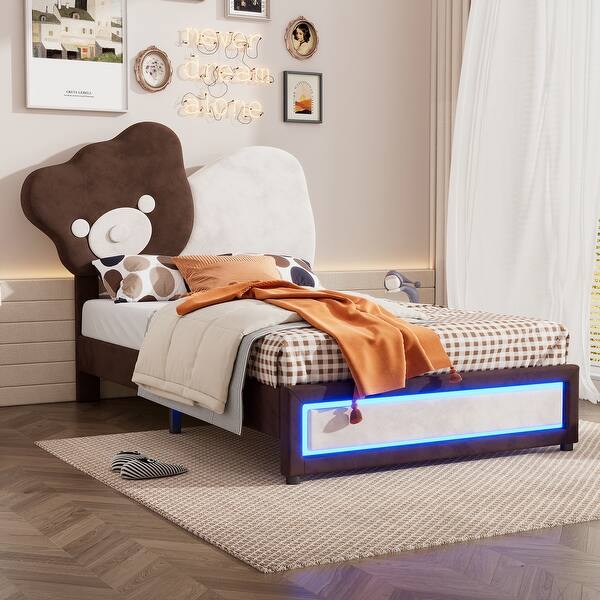 slide 2 of 16, White/Brown Platform Bed wAdjustable Bear Headboard and LED Light Brown+White - Twin