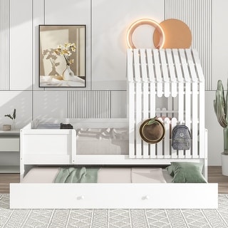 Twin Size House Low Loft Bed w/ Trundle Upholstered Platform Bed Frame