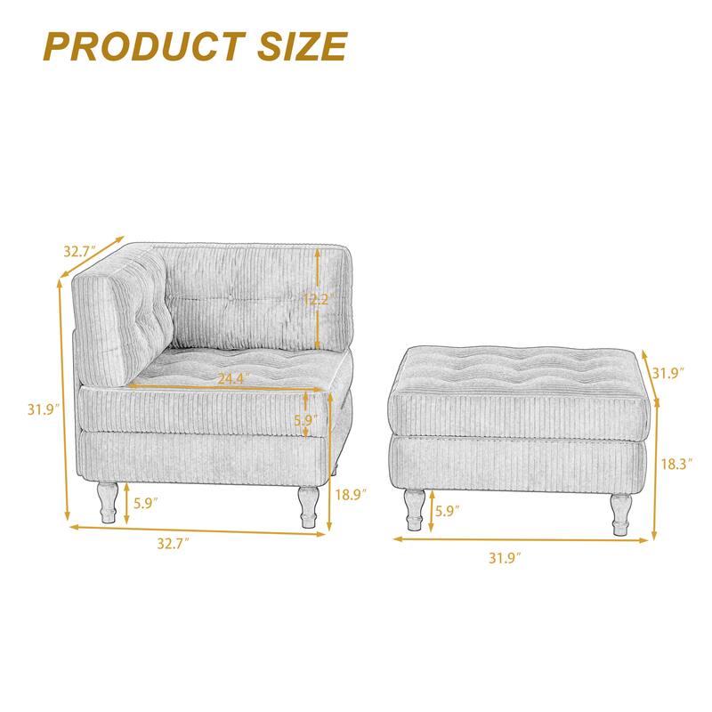 Corduroy Tufted Accent Chair Armchair and Ottoman Set