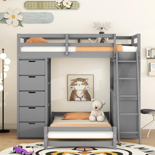 slide 2 of 40, Elegant & Practical Twin over Twin Bunk Bed with Drawers, Shelves and Desk, LED Light and USB Ports, Maximum storage, Gray Grey