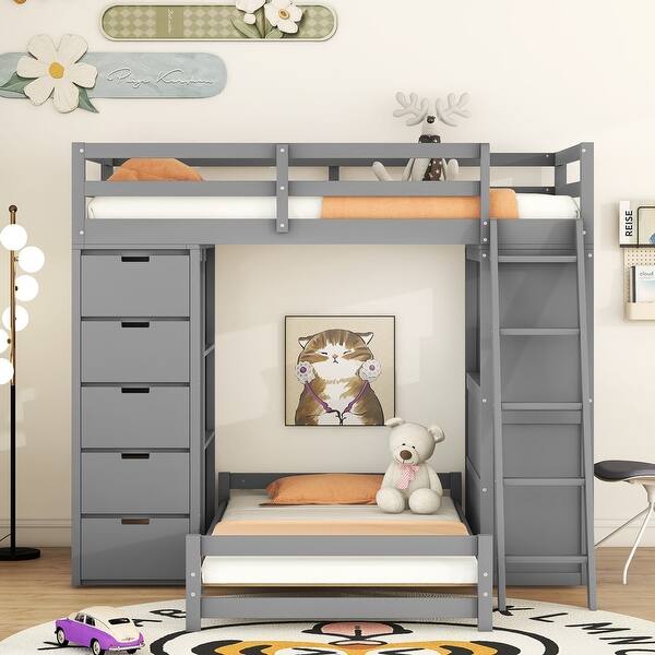 slide 2 of 36, Twin Over Twin Bunk Bed with LED Lights & USB Ports, Grey, with Storage Grey