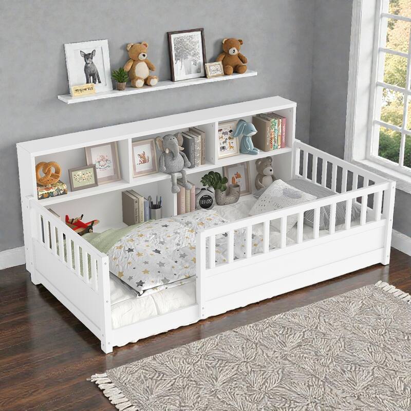 Wooden Floor Bed with Fence Guardrails, Montessori Style Kids Bed Frame with Side Storage Design - White - Twin