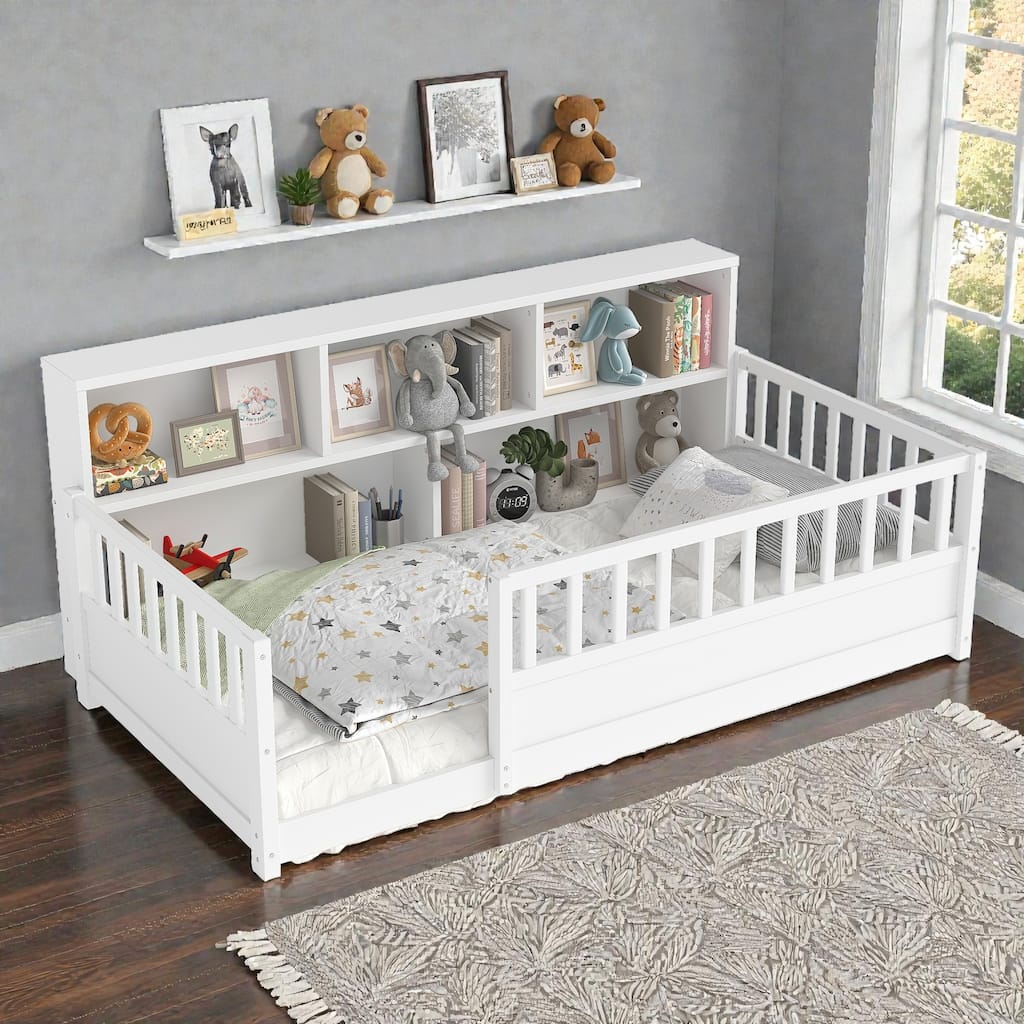 Wooden Floor Bed with Fence Guardrails, Montessori Style Kids Bed Frame with Side Storage Design