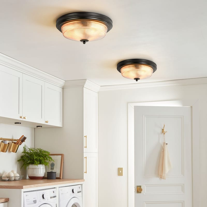 2-Light Modern Vintage Black Cone Textured Prismatic Glass Flush Mount Light - 14.5 in. W x 6.6 in. H