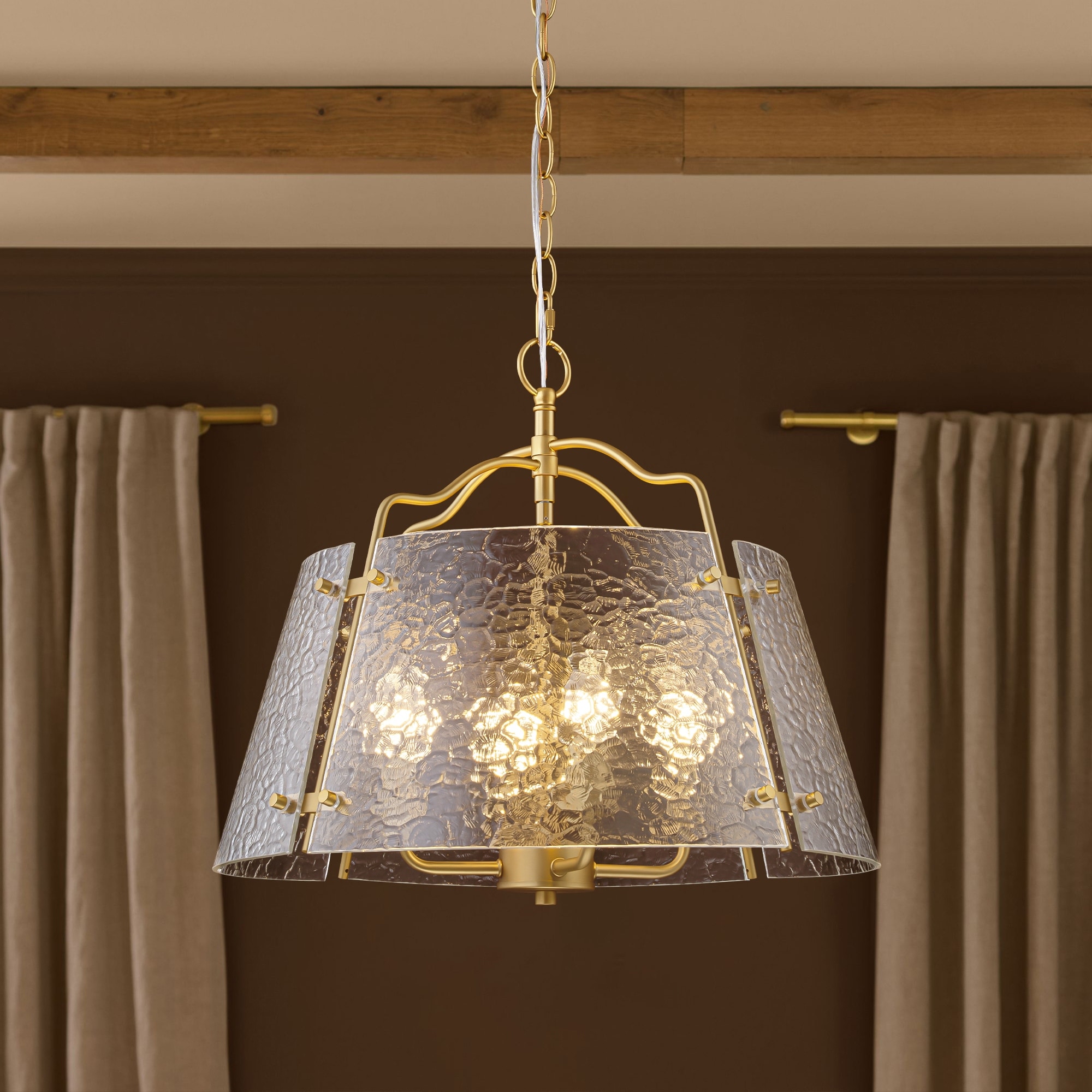 Rennnsan 19" Modern Gold Textured Glass Drum Chandelier with 4 Lights for Dining Room & Living Space