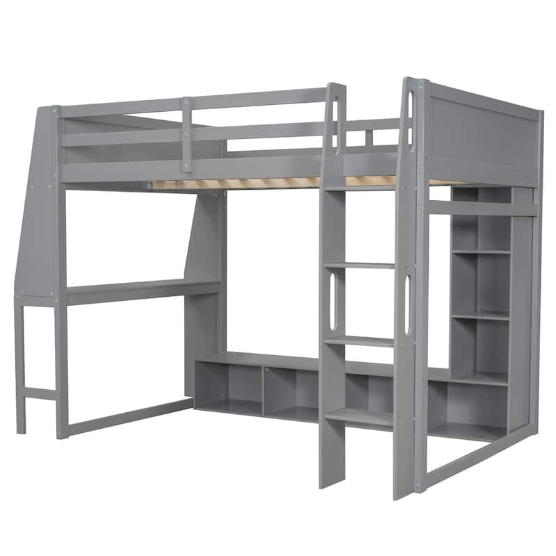 Multi-Functional Gaming Loft Bed with Built-in Desk & Storage Cabinets, Wood Bed Frame with LED and a Hanging Clothes Rack