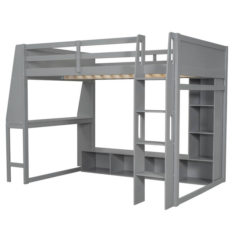 Teens Wood Gaming Loft Bed with Multi-Storage Shelves & Under-Bed Desk, Bedroom Bed Frame with LED & a Hanging Clothes Rack