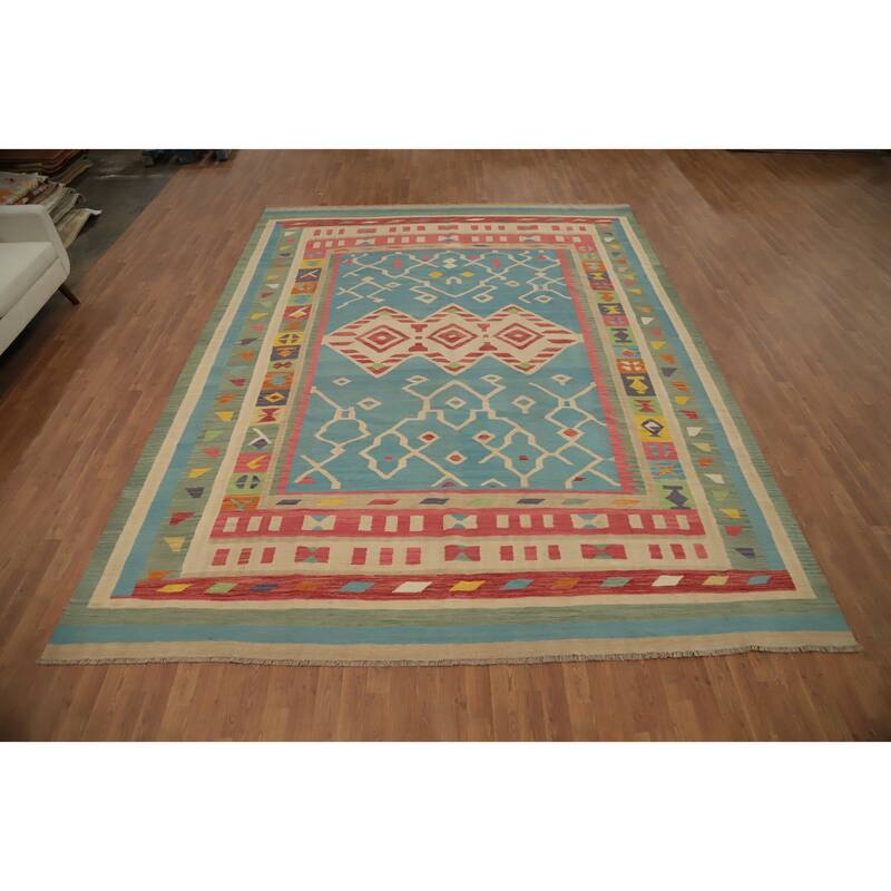 Hand Woven Oriental 100% Wool Carpet Southwestern Tribal Navy Blue & Blues Kilim Area Rug - 12' 11'' X 9' 8''