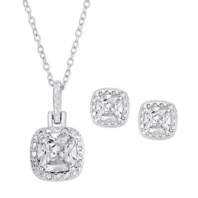 Victoria Townsend .925 Sterling Silver White Topaz Cushion Cut Necklace & Stud Earrings Set.