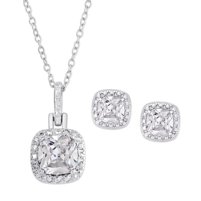 Victoria Townsend .925 Sterling Silver White Topaz Cushion Cut Necklace & Stud Earrings Set.