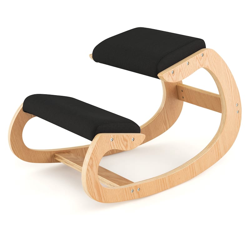 Wooden Rocking Chair with Comfortable Padded Seat Cushion and Knee Support - 21.5" x 34" x 22" - Black