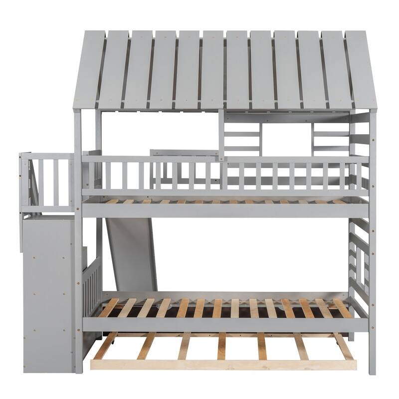 Twin over Twin House Bunk Bed with Trundle and Slide, Storage Staircase, Roof and Window Design