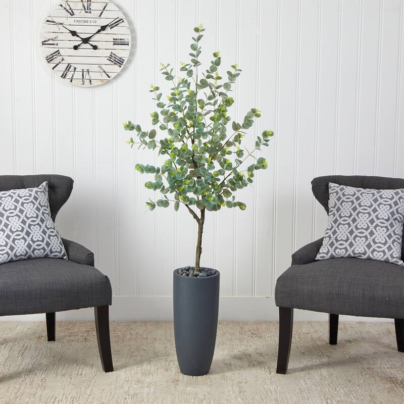 Eucalyptus Artificial Tree with Planter - 5ft Faux Tree Indoor Decor Gray Pot - Green - 61 Inches and Over