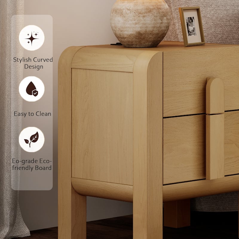 WAMPAT Modern Wood Nightstand With 2 Drawers ,Curved Mid-Century End Table With Built-In Charging Station For Bedroom