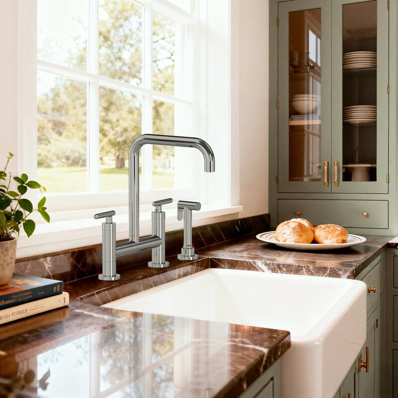 2-Handle Deck Mount Kitchen Faucet 2-Hole Bridge Kitchen Faucet with Side Sprayer - Chrome