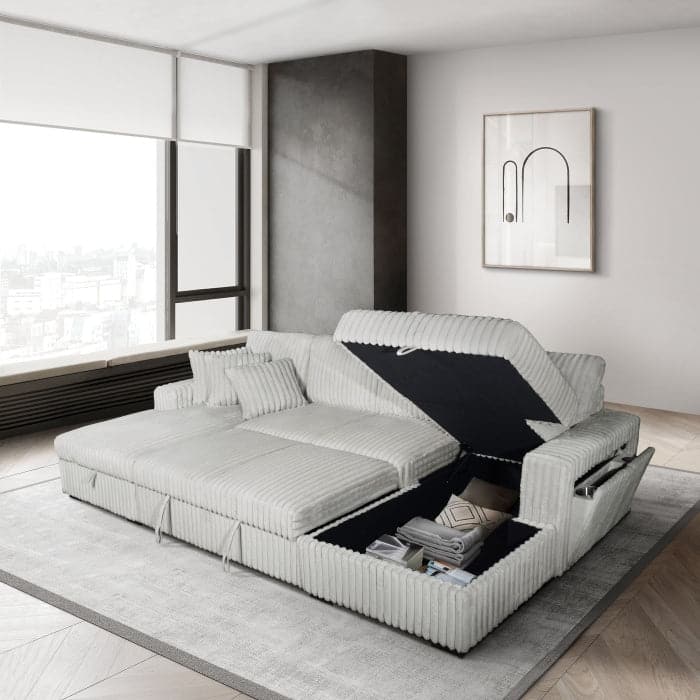 Modern U-Shaped Sectional Sofa Bed with Storage Chaises, USB Port, Wireless Charger and Pillows