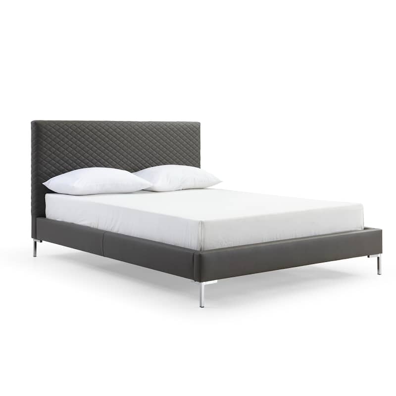 Mid-Century Modern Bed - Fully Upholstered Gray Faux Leather Platform Bed with Chrome Legs