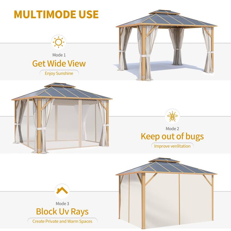 Aluminum Hardtop Gazebo for Patio, Outdoor Waterproof Pavilion with Netting and Curtains, Weather-Resistant Canopy for Backyard.