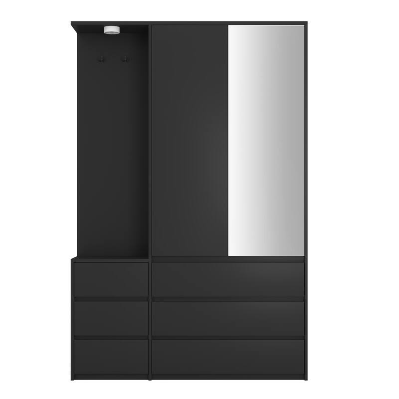 6 Drawers Armoire Wooden Bedroom Wardrobe Closet with Mirrored Door, Storage Shelves and Hanging Rail