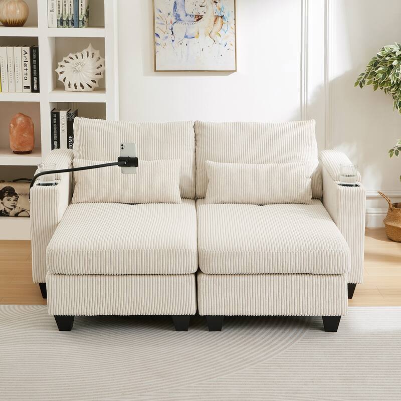 Anmytek 63" Convertible Chaise Lounge Loveseat Sleeper Sofa with USB Ports Cup Holders Phone Holder Storage