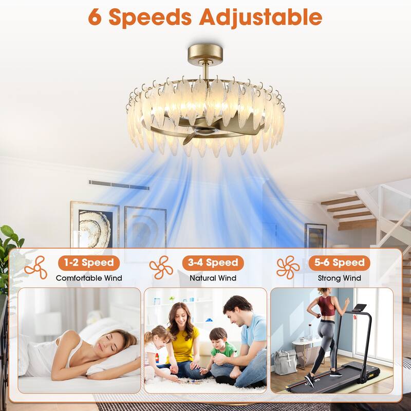 32" Rusted Silver Glass Feather 3-Blade Fandelier Caged Ceiling Fan with Light and Remote