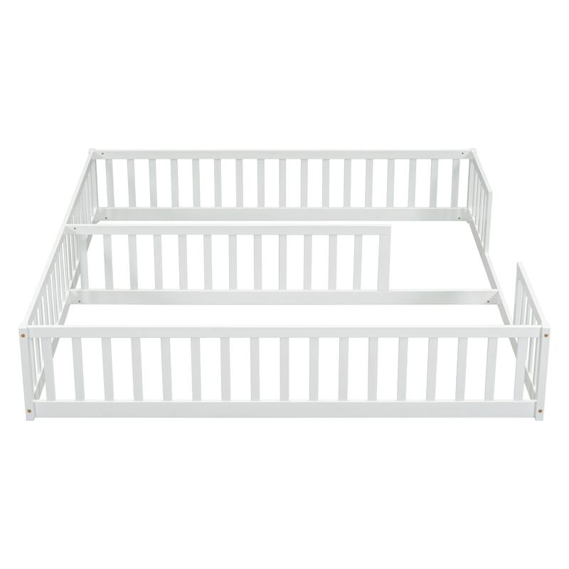 Roomfitters Double Twin Floor Bed Frame with Fence and Guardrails, Low Profile Shared Platform Bed, No Door Design