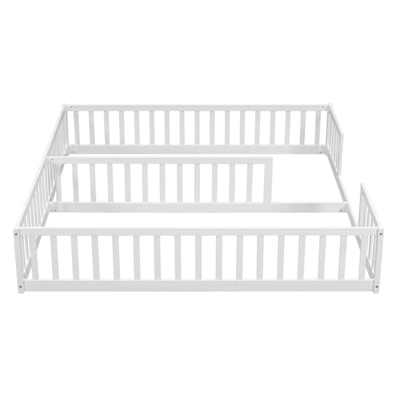 White Double Twin Pine Wood Floor Bed with Fence and Guardrails