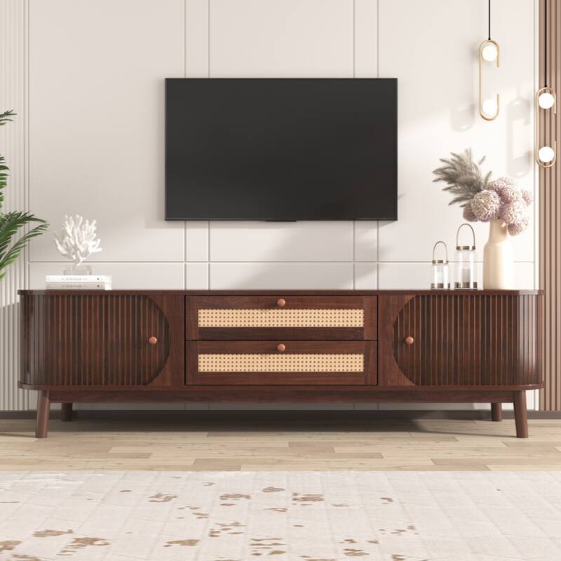 Rattan TV Stand for TVs up to 75'', Modern Farmhouse Media Console, Entertainment Center with Solid Wood Legs