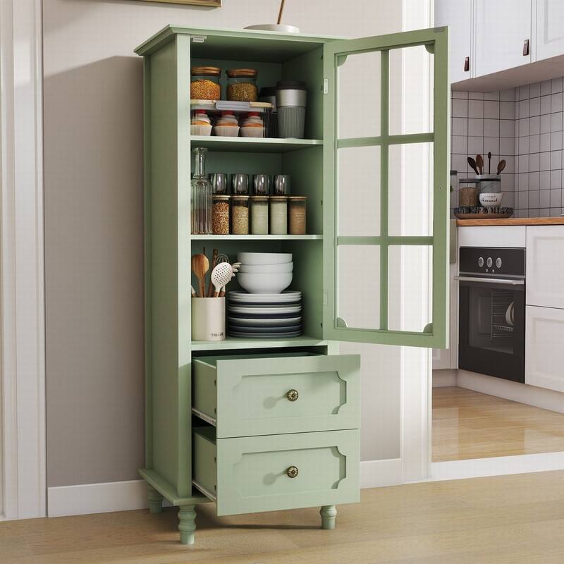 Modern 52.36" Wooden Buffet Cabinet with Glass Doors and Double Drawer for Living room, Dining Room Hallway Entryway