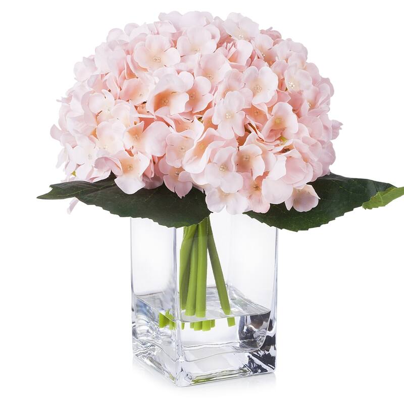 Enova Home Artificial Fake Hydrangea Silk Flowers Arrangement in Clear Glass Vase with Faux Water for Home Wedding Decoration - Blush