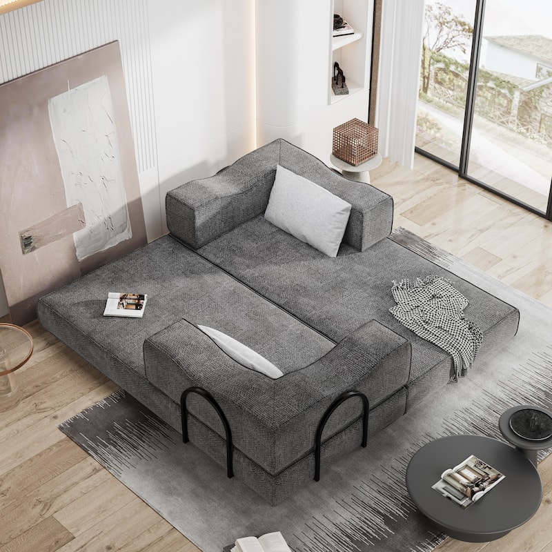 80" Convertible Sofa Bed with 2 Pillows, 2-Seat Folding Floor Couch, Multifunctional Chenille Loveseat Living Room Sleeper Sofa